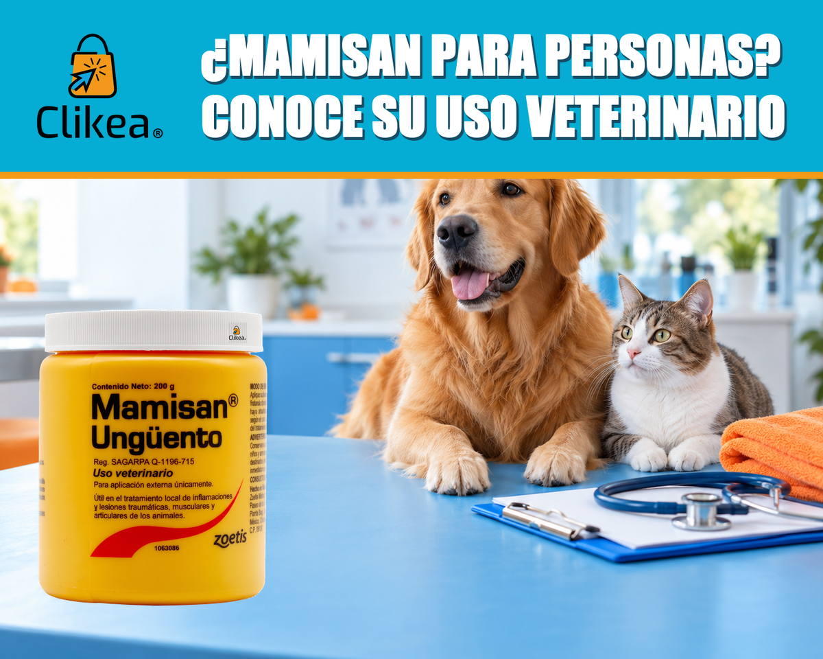 ¿Mamisan es para personas? Conoce su uso veterinario. Logo oficial de Clikea, envase real de Mamisan y contexto de clínica veterinaria. Imagen mejorada desde las fotos del usuario, con envase sin fondo y márgenes amplios.
