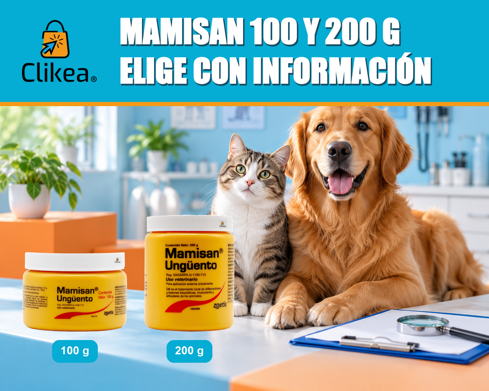 Mamisan 100 y 200 g: elige con información. Logo oficial de Clikea y fotografías reales de ambas presentaciones. Imagen mejorada desde las fotos del usuario, con envase sin fondo y márgenes amplios.