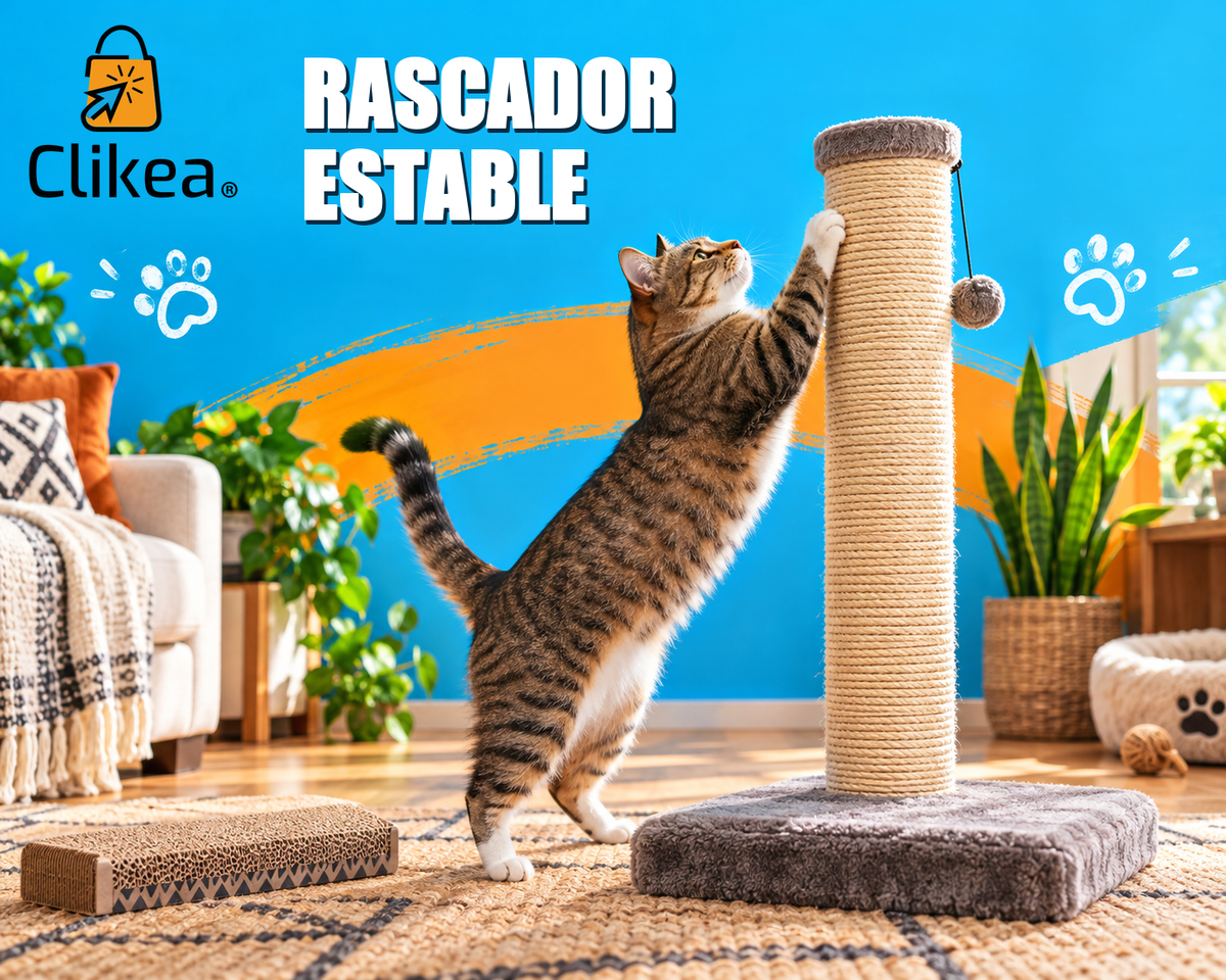 Gato se estira sobre un rascador de sisal con base ancha; portada azul y naranja con el logo original CLIKEA