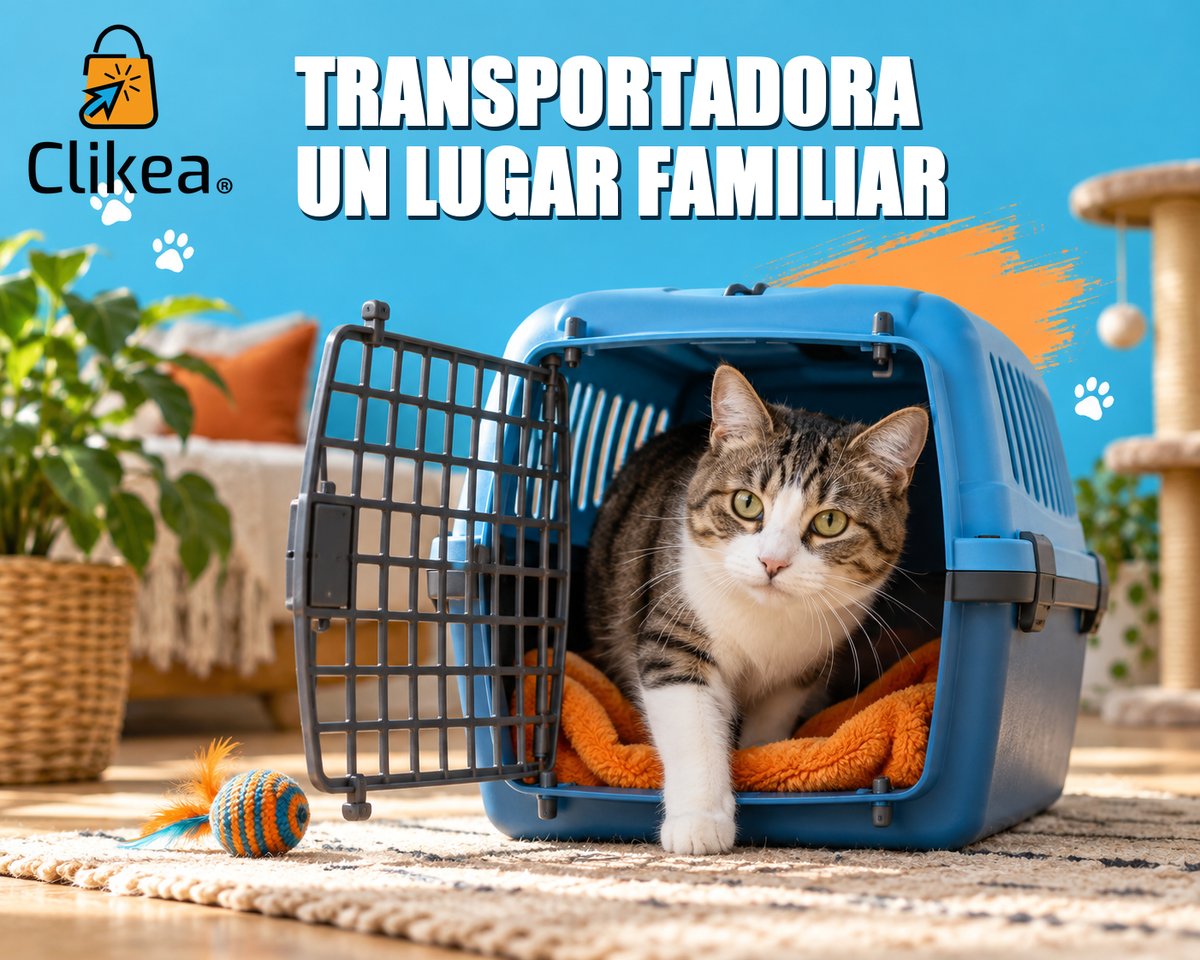 Gato explora una transportadora abierta con manta naranja; portada azul con el logo original CLIKEA