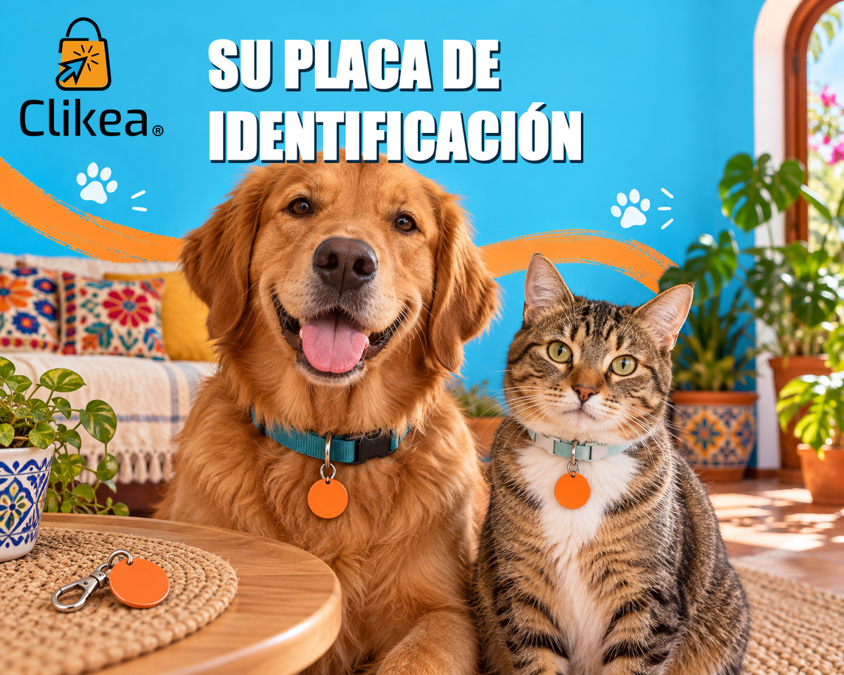 Perro y gato con placas naranjas sin datos personales; portada azul y naranja con el logo original CLIKEA