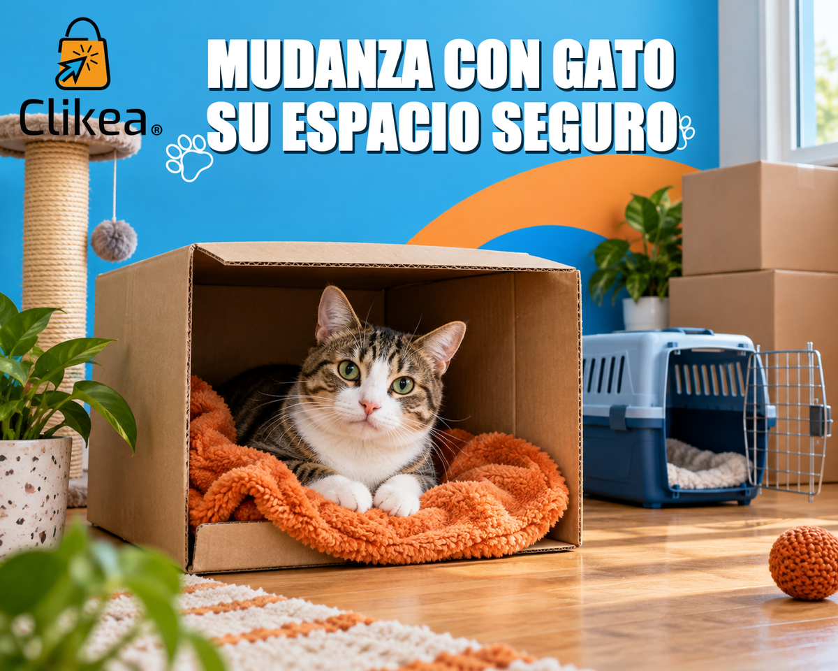 Gato descansa en una caja con manta naranja junto a su transportadora; portada azul con el logo original CLIKEA