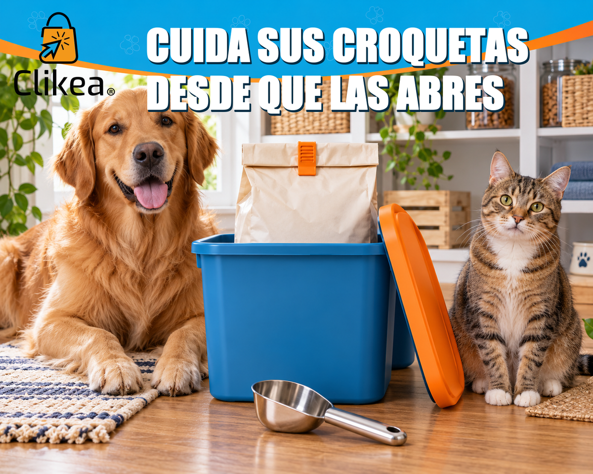 Perro y gato junto a una bolsa de alimento dentro de un contenedor azul; portada con el logo oficial CLIKEA