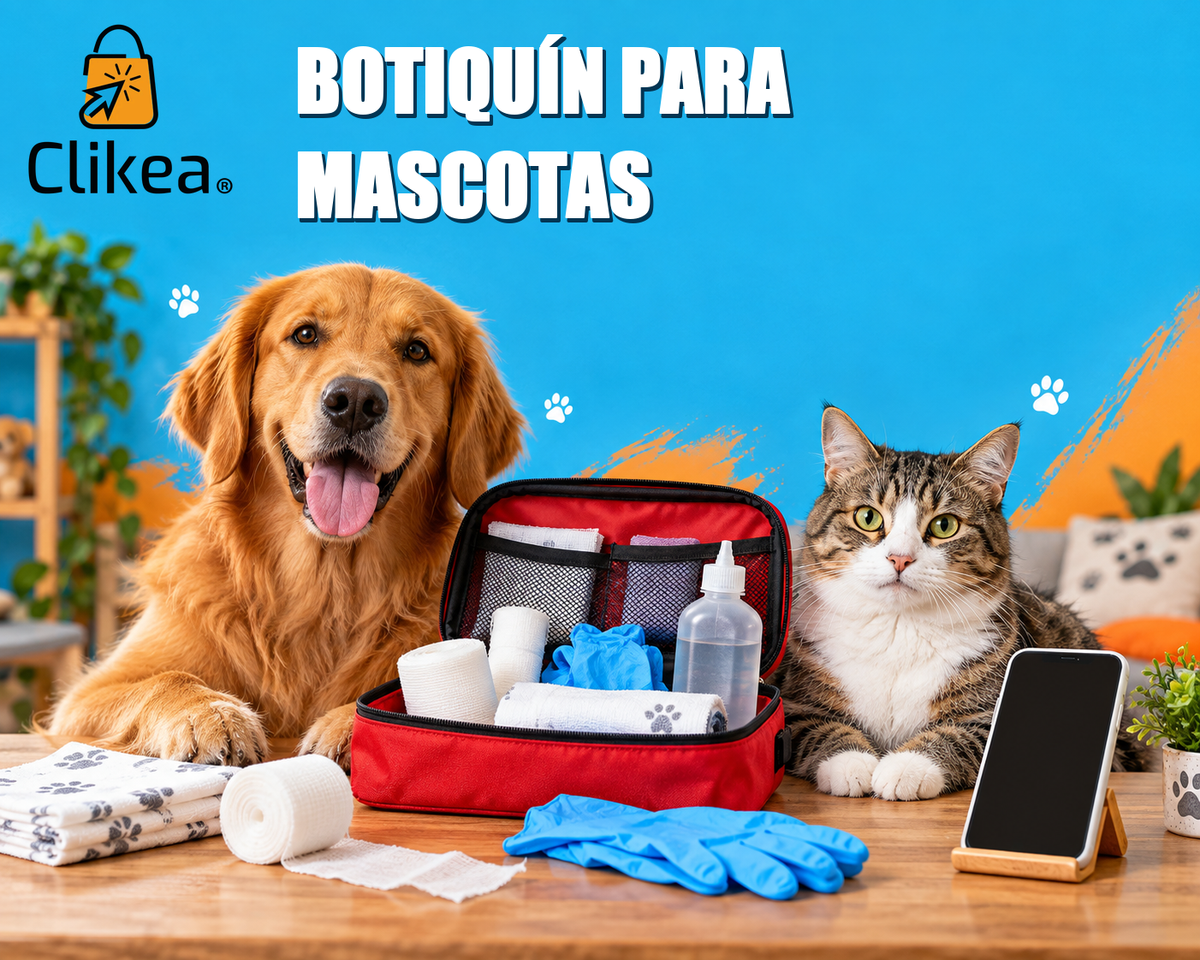 Perro y gato junto a un botiquín con gasas, guantes y teléfono; portada con logo oficial CLIKEA