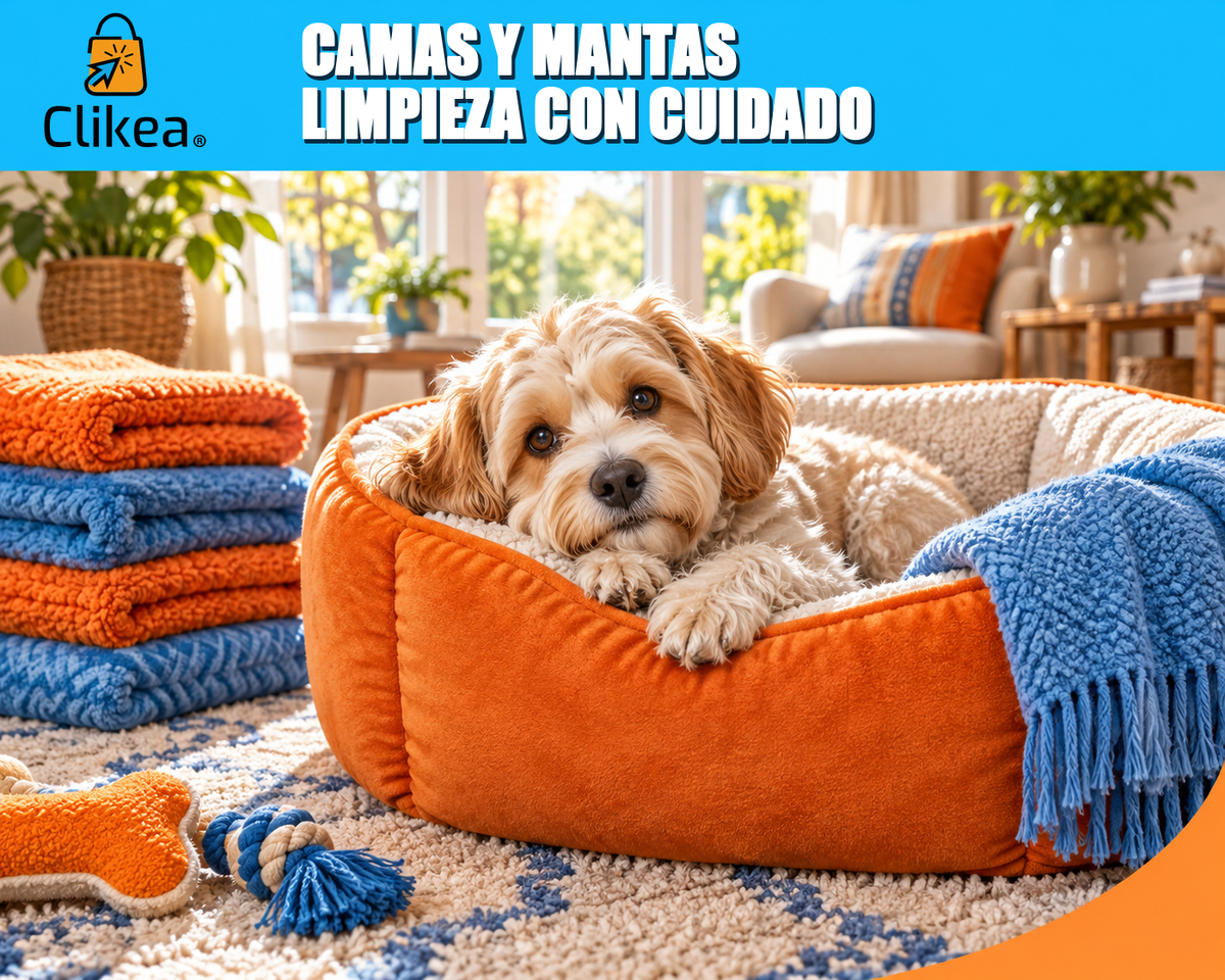 Camas y mantas: limpieza con cuidado. Perro pequeño en cama naranja con mantas azules y naranjas; logo oficial de Clikea.