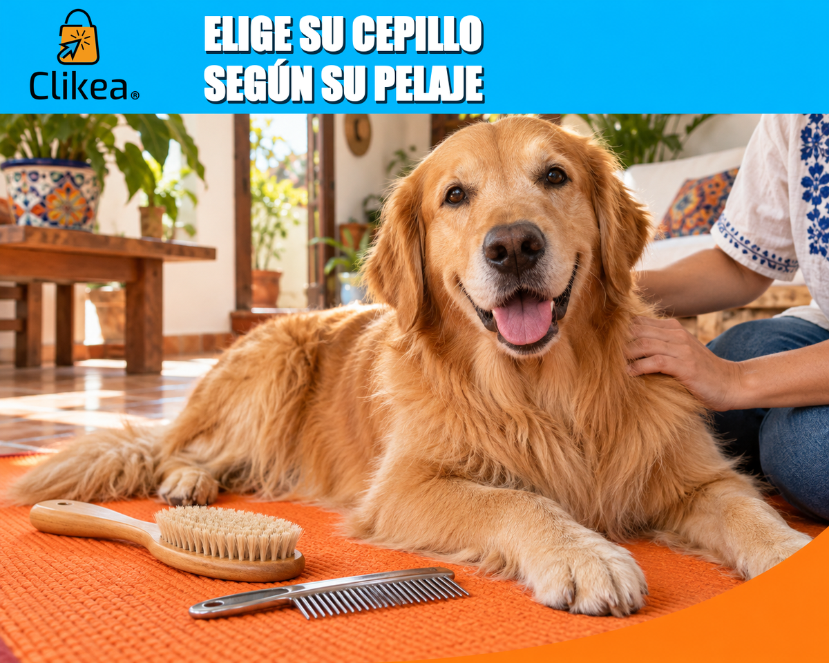 Elige su cepillo según su pelaje. Perro golden retriever sobre tapete naranja, cepillo y peine; logo oficial de Clikea.