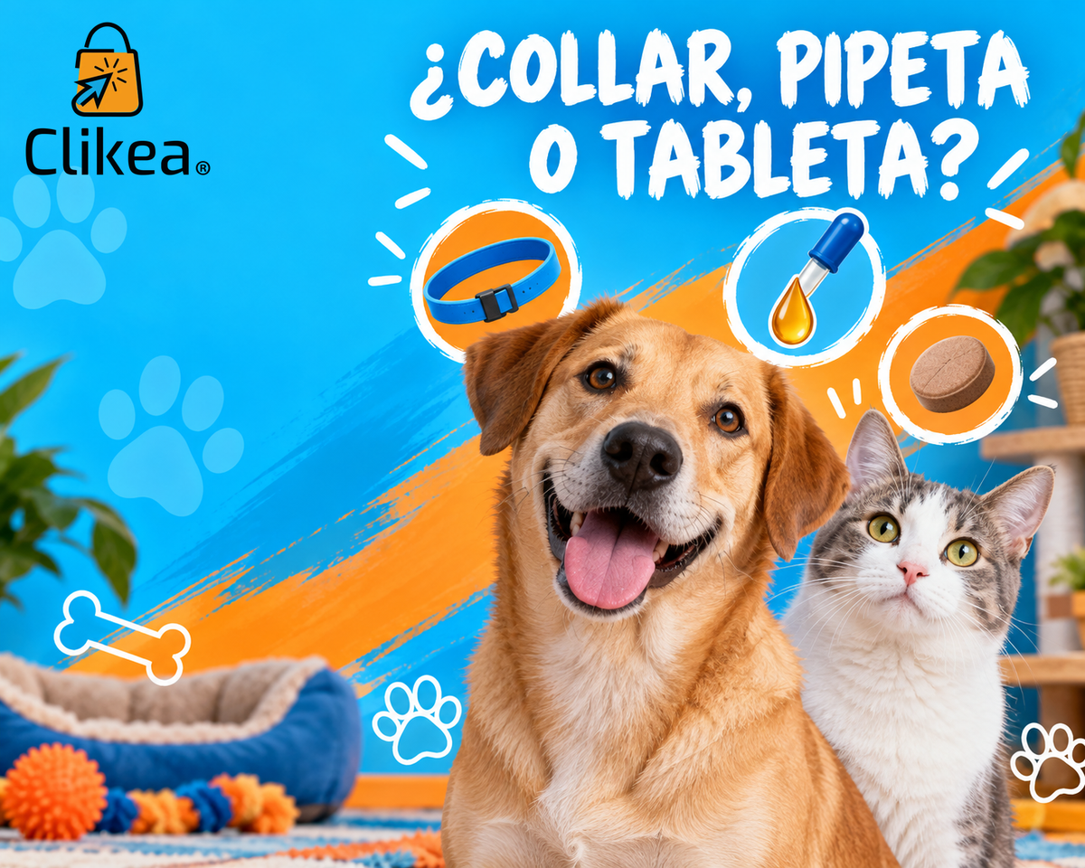 Perro y gato junto a ilustraciones de collar, pipeta y tableta; portada con el logo oficial CLIKEA