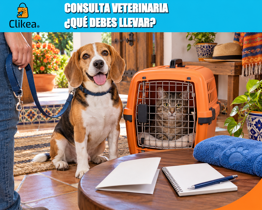 Consulta veterinaria: ¿qué debes llevar? Perro con correa, gato en transportadora, documentos y toalla; logo oficial de Clikea.