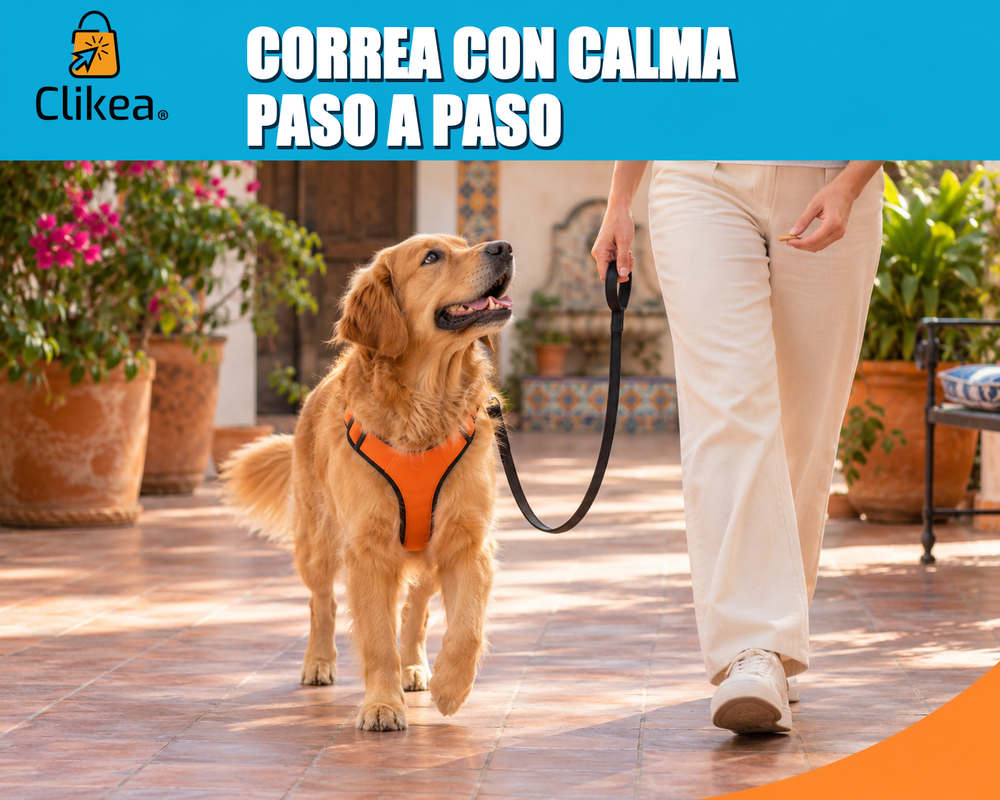 Correa con calma, paso a paso: perro con arnés naranja y correa floja junto a su persona. Logo oficial de Clikea.
