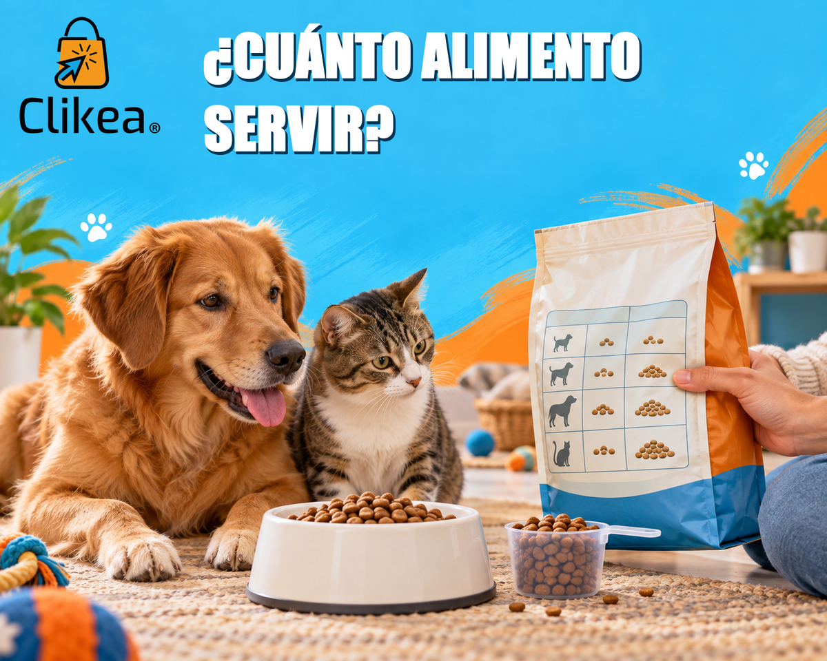 Perro y gato junto a tazón, medidor y tabla ilustrativa en una bolsa de alimento; portada con logo oficial CLIKEA