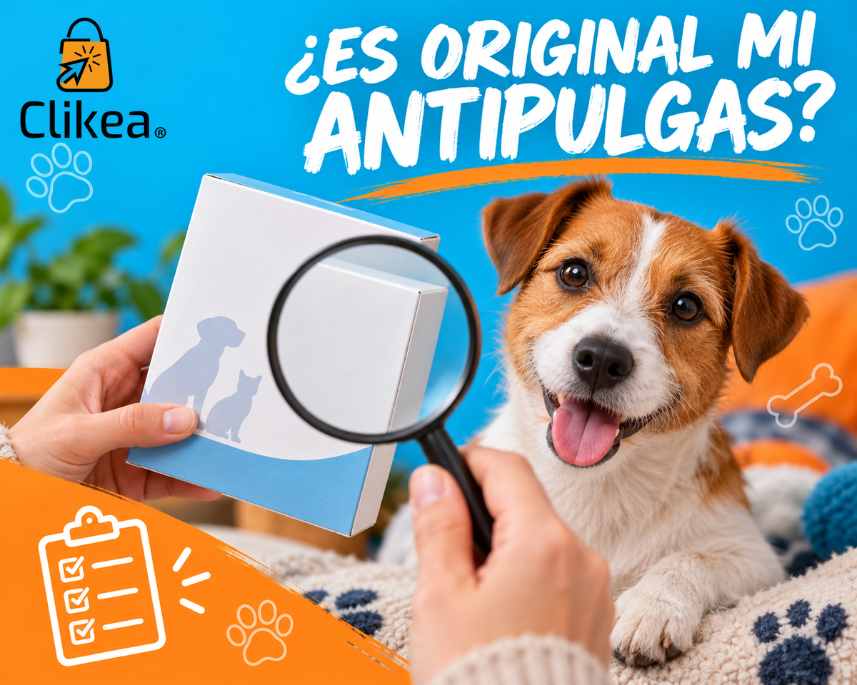 Persona revisa una caja veterinaria genérica con una lupa junto a un perro; portada con el logo oficial CLIKEA