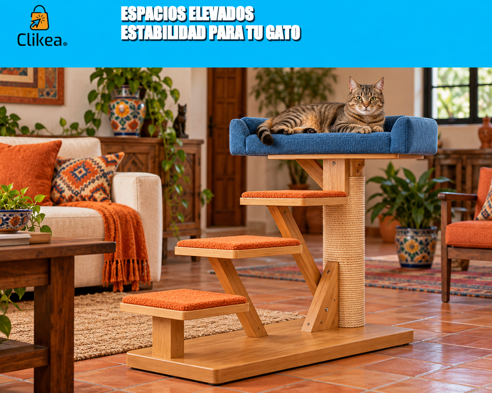 Espacios elevados: estabilidad para tu gato. Gato atigrado descansa en plataforma azul con escalones naranjas y base amplia; logo oficial de Clikea.