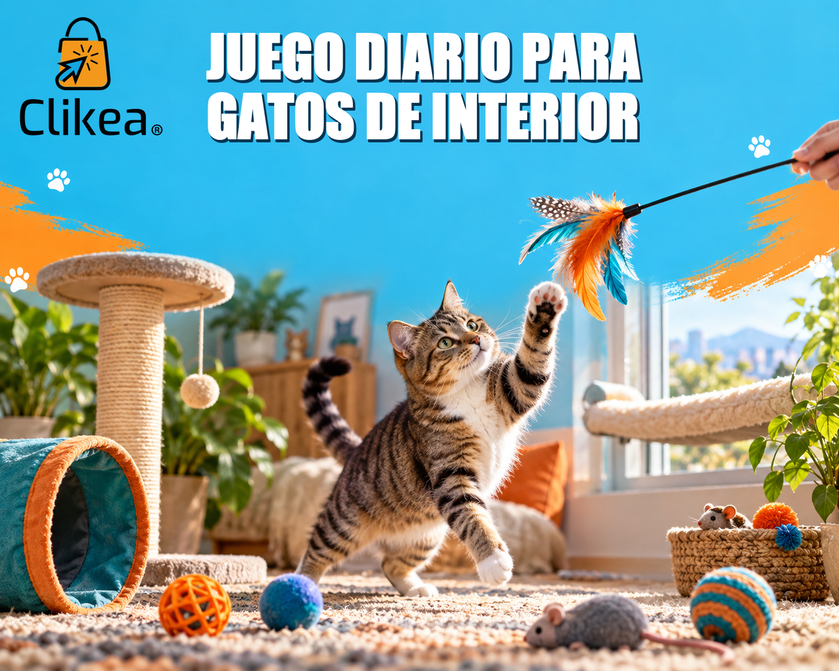 Gato juega con una varita de plumas junto a rascador y juguetes de interior; portada con logo oficial CLIKEA