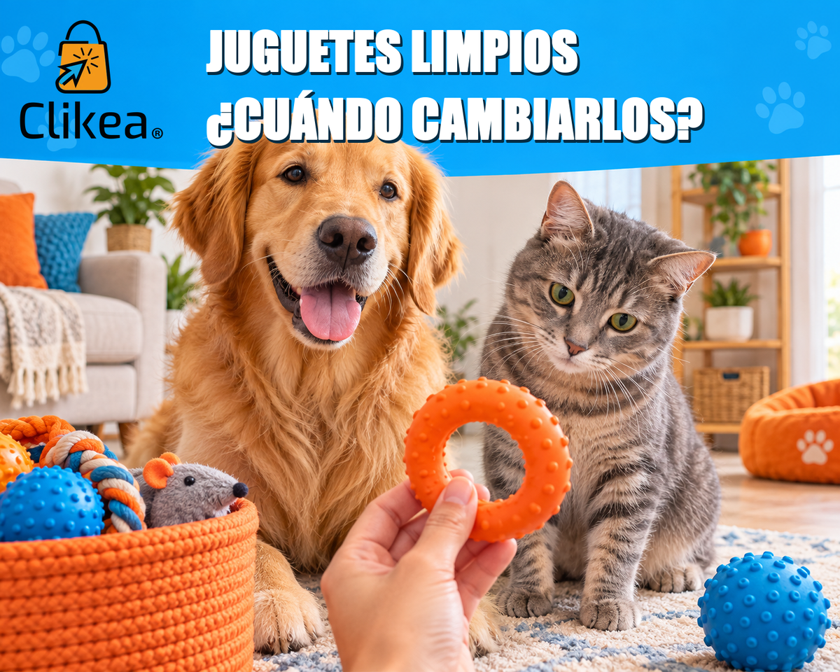 Perro y gato junto a una canasta de juguetes; una mano revisa un aro naranja. Portada con el logotipo oficial Clikea y el titular Juguetes limpios: cuándo cambiarlos.
