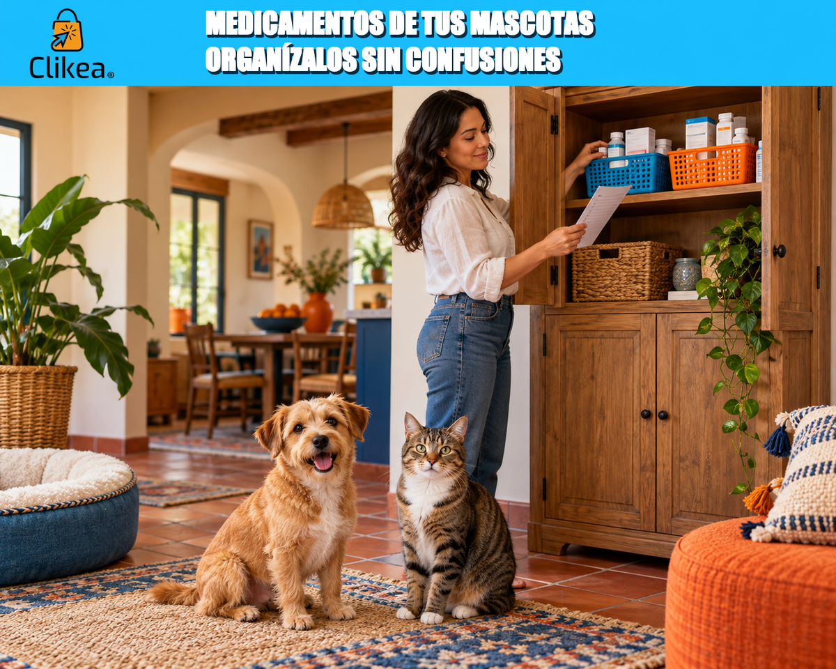 Medicamentos de tus mascotas: organízalos sin confusiones. Cuidadora revisa una lista junto a envases separados en un gabinete; perro, gato y logo oficial de Clikea.