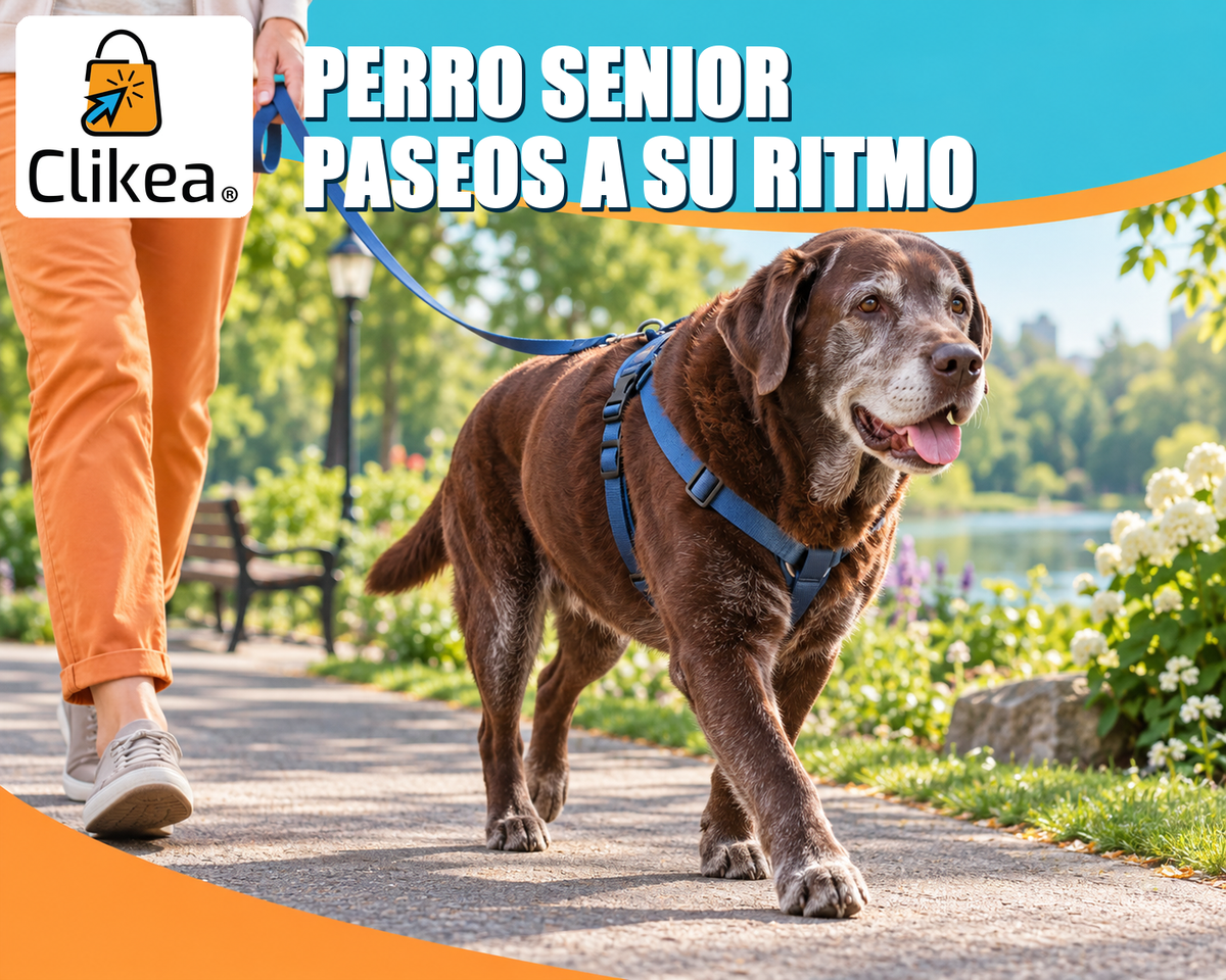 Perro senior de hocico canoso camina con arnés y correa junto a su persona; portada azul y naranja con el logo oficial CLIKEA