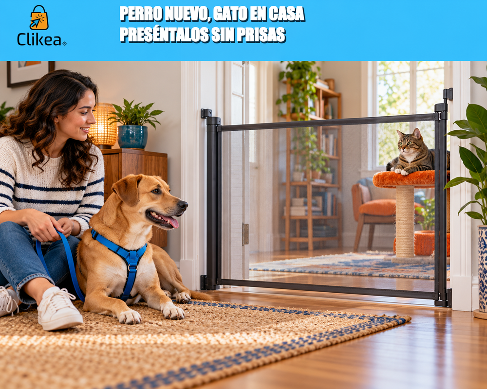 Perro nuevo, gato en casa: preséntalos sin prisas. Perro con correa junto a su cuidadora y gato en plataforma al otro lado de una barrera; logo oficial de Clikea.