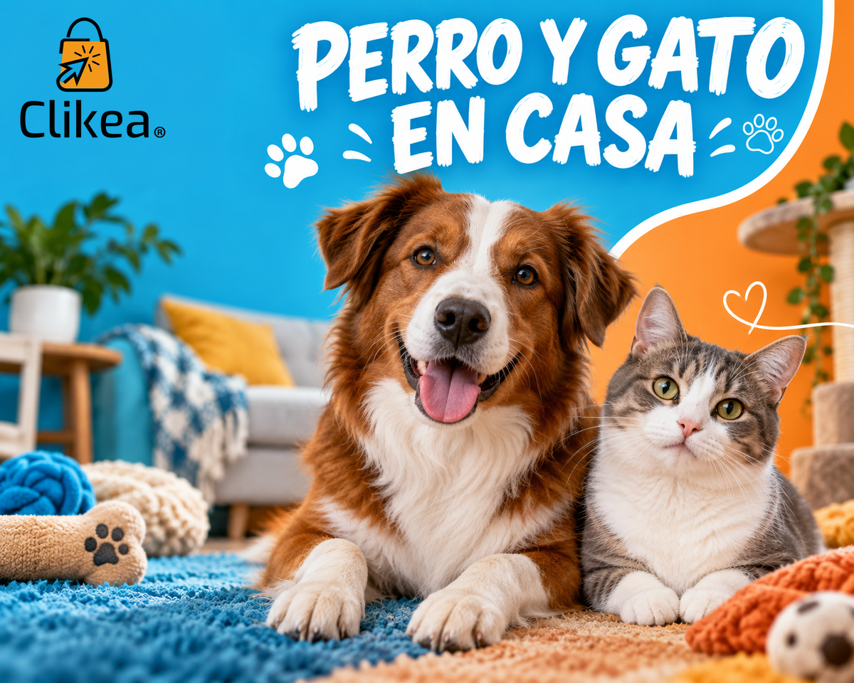 Perro y gato juntos en casa sobre una portada azul y naranja con el logo oficial CLIKEA