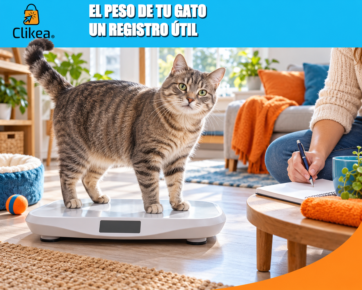El peso de tu gato: un registro útil. Gato atigrado sobre báscula y una persona con libreta; logo oficial de Clikea.