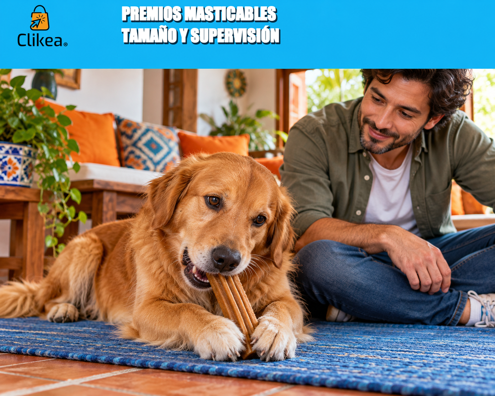 Premios masticables: tamaño y supervisión. Perro mastica sobre tapete azul mientras su cuidador lo observa; logo oficial de Clikea.