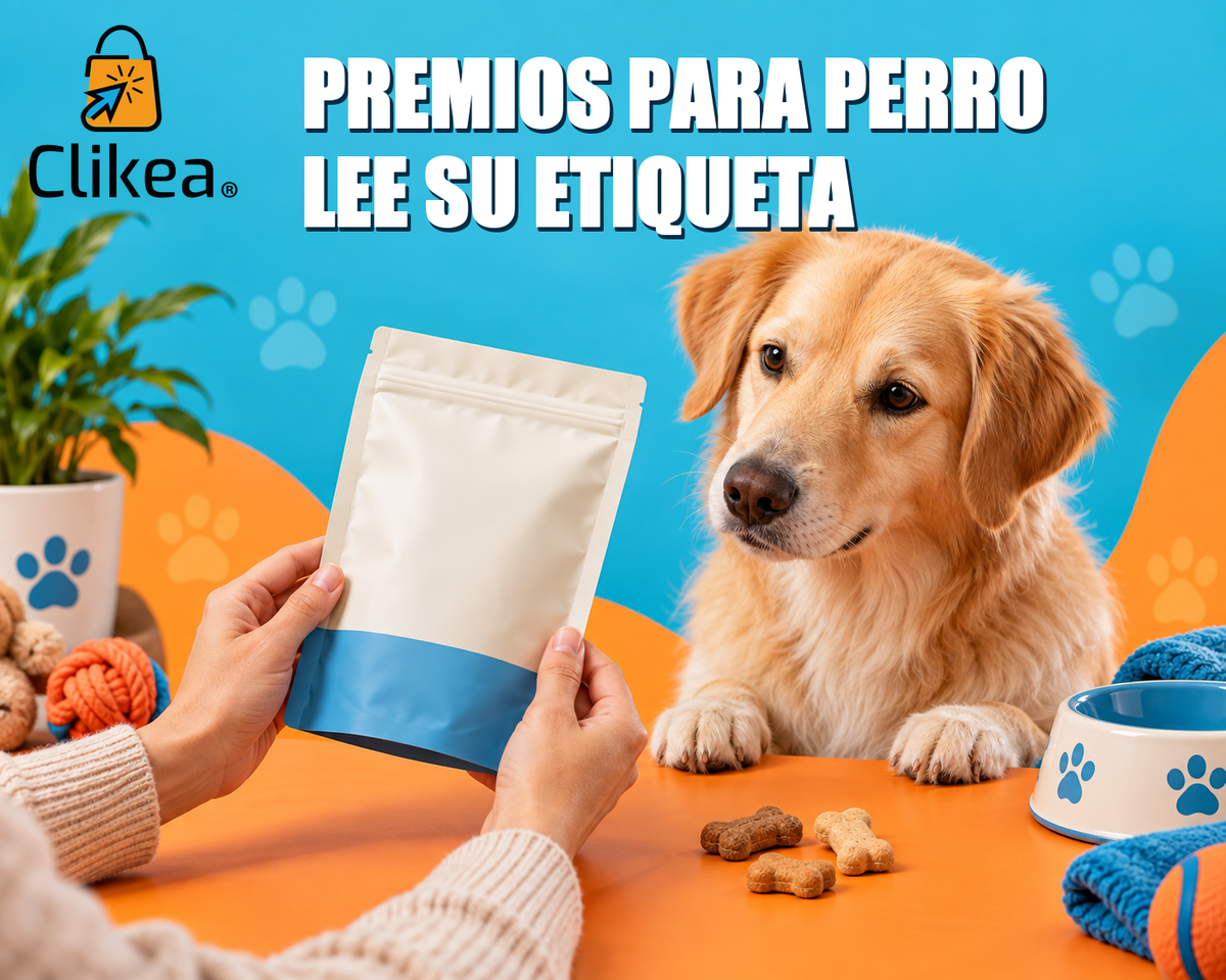 Perro junto a premios mientras unas manos revisan una bolsa sin marca; portada con el titular y el logo oficial CLIKEA