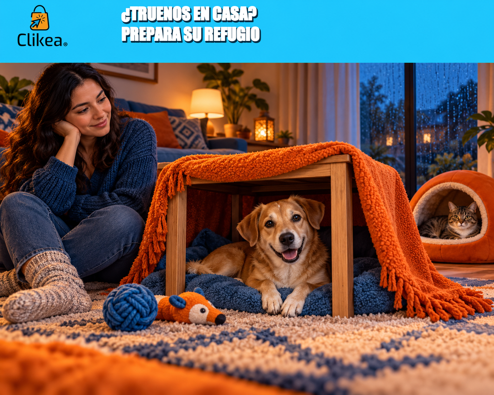 ¿Truenos en casa? Prepara su refugio. Perro en un rincón con mantas azules y naranjas, gato en cama separada y cuidadora cerca; logo oficial de Clikea.