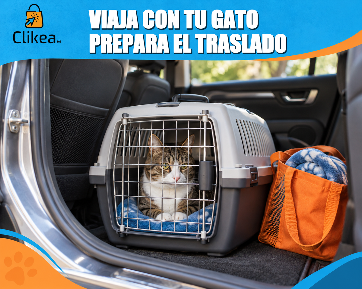Gato dentro de una transportadora cerrada y estable en un automóvil; prepara su traslado.