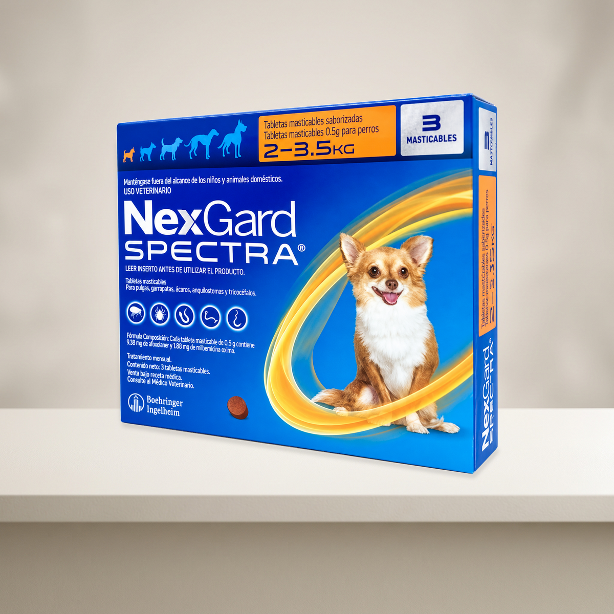 NexGard Spectra 3 Tabletas para Perros 2-3.5 Kg — presentación completa en ambiente neutro