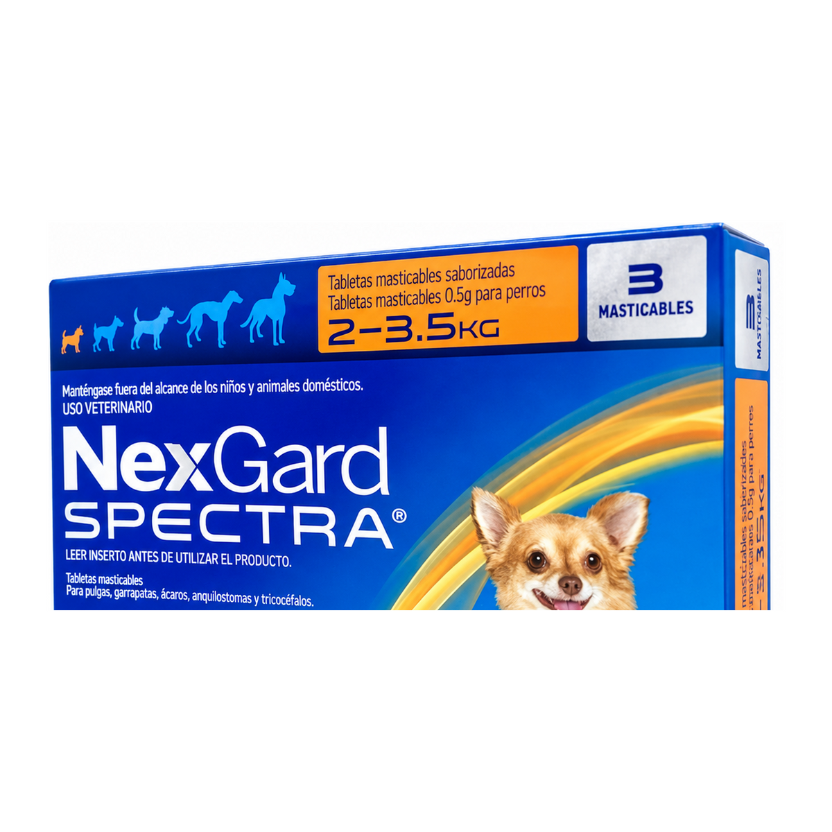 NexGard Spectra 3 Tabletas para Perros 2-3.5 Kg — acercamiento a la presentación y al rango de peso impreso