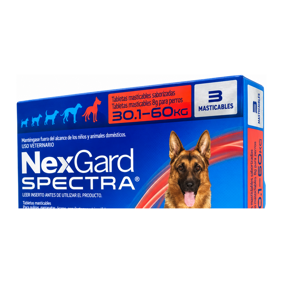NexGard Spectra 3 Tabletas para Perros 30.1-60 Kg — acercamiento a la presentación y al rango de peso impreso
