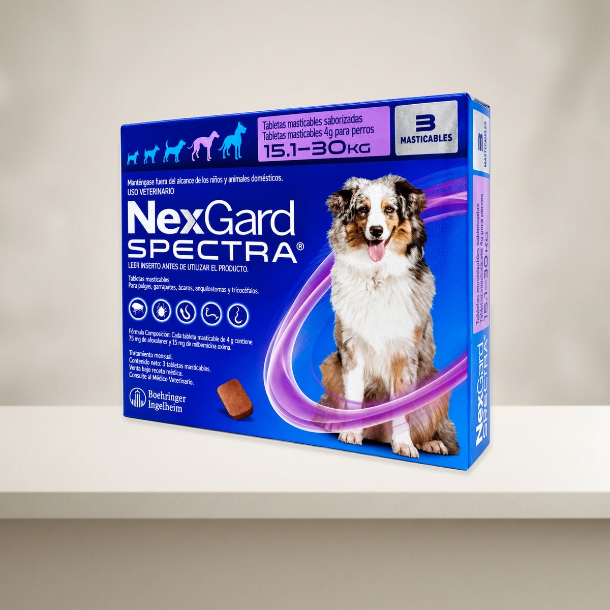 NexGard Spectra 3 Tabletas para Perros 15.1-30 Kg — presentación completa en ambiente neutro
