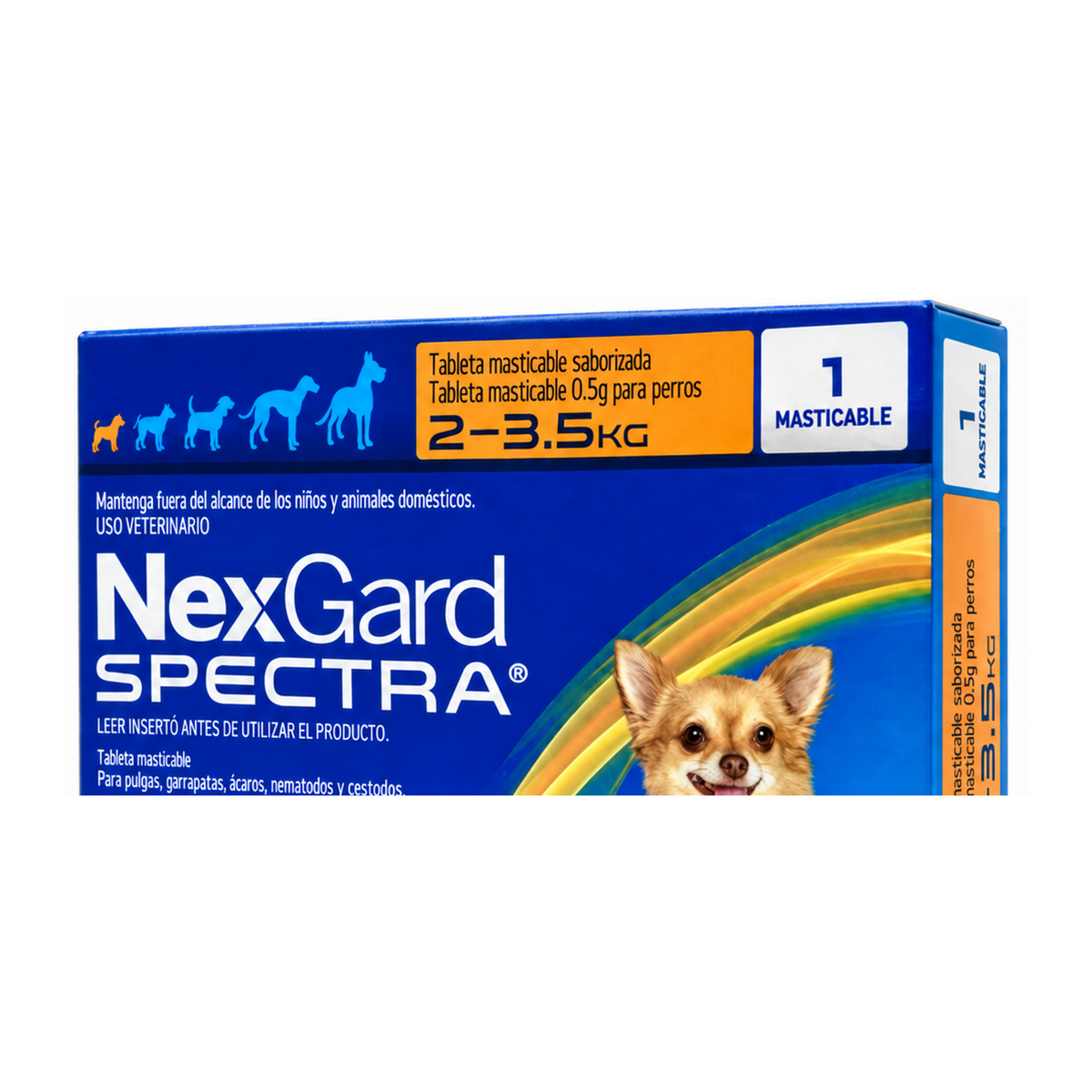 NexGard Spectra 1 Tableta para Perros 2-3.5 Kg — acercamiento a la presentación y al rango de peso impreso