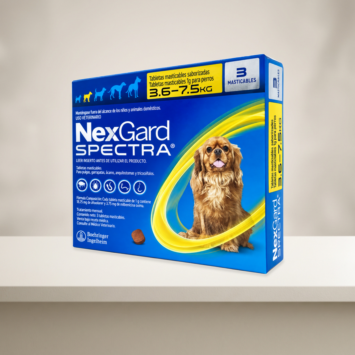 NexGard Spectra 3 Tabletas para Perros 3.6-7.5 Kg — presentación completa en ambiente neutro