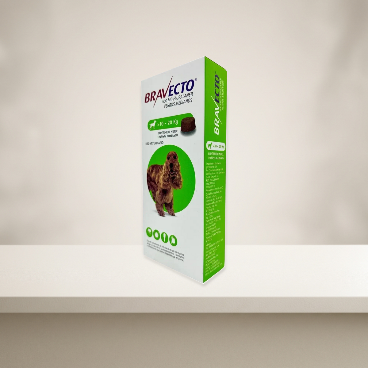 Bravecto Perro 10 a 20 kg 500 mg - 1 tableta — empaque original en ambiente neutro