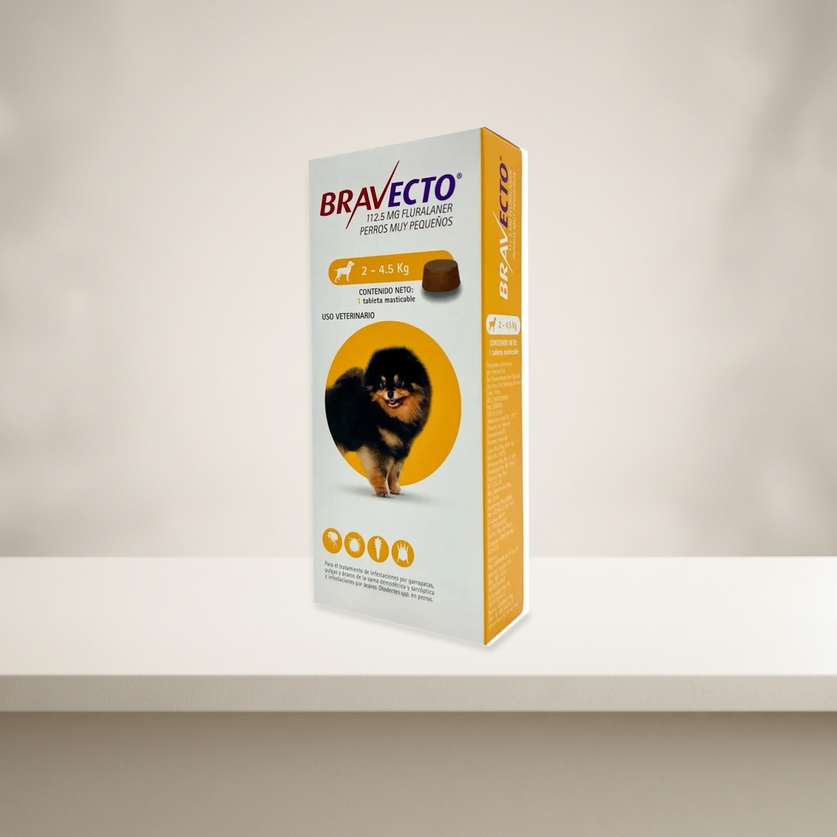 Bravecto Perro 2 a 4.5 kg - 1 tableta — empaque original en ambiente neutro