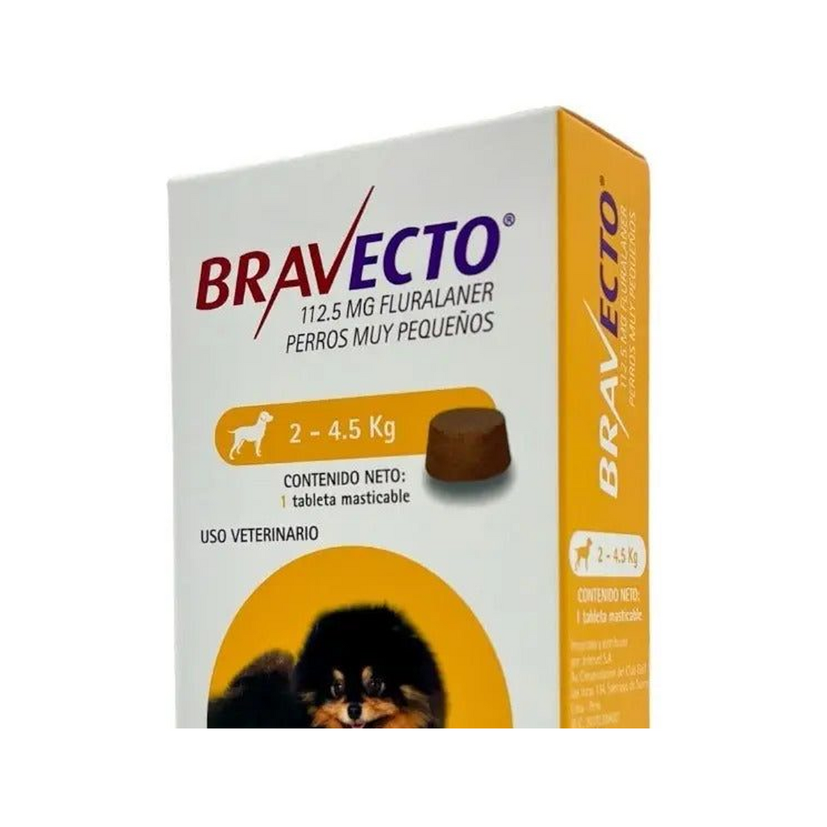 Bravecto Perro 2 a 4.5 kg - 1 tableta — acercamiento a la presentación y al rango de peso impreso