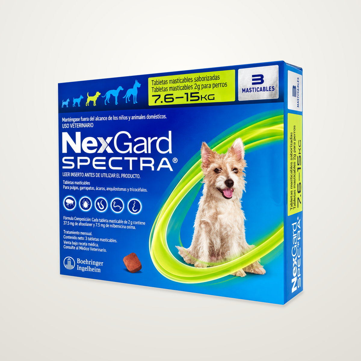 NexGard Spectra verde, caja completa de 3 tabletas para perros de 7.6 a 15 kg sobre fondo de estudio neutro continuo