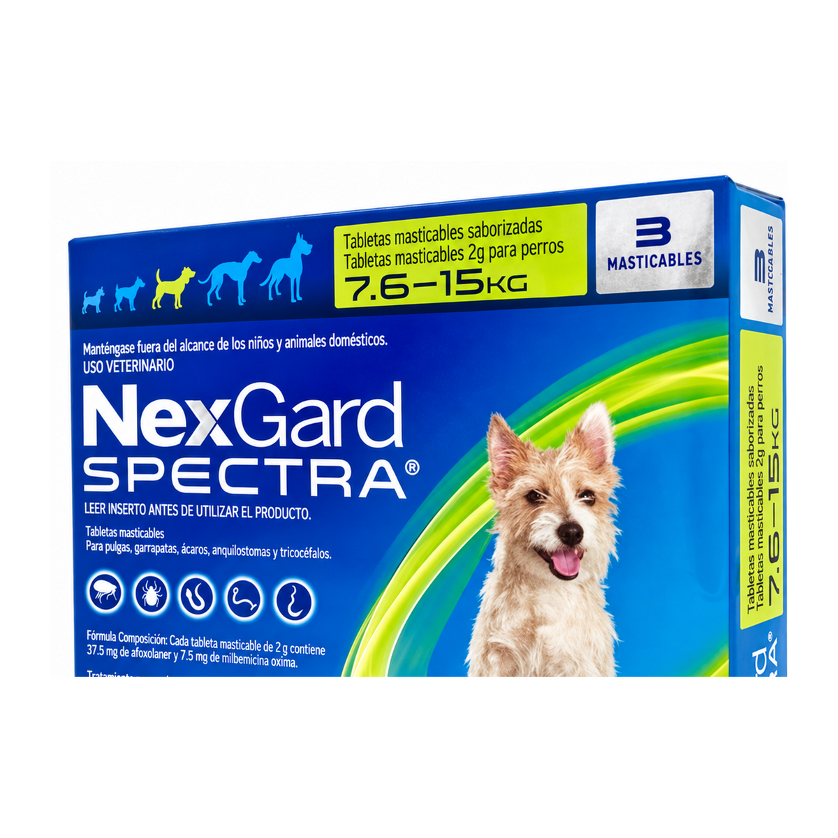 NexGard Spectra 3 Tabletas para Perros 7.6-15 Kg — detalle auténtico de talla y cantidad impresa
