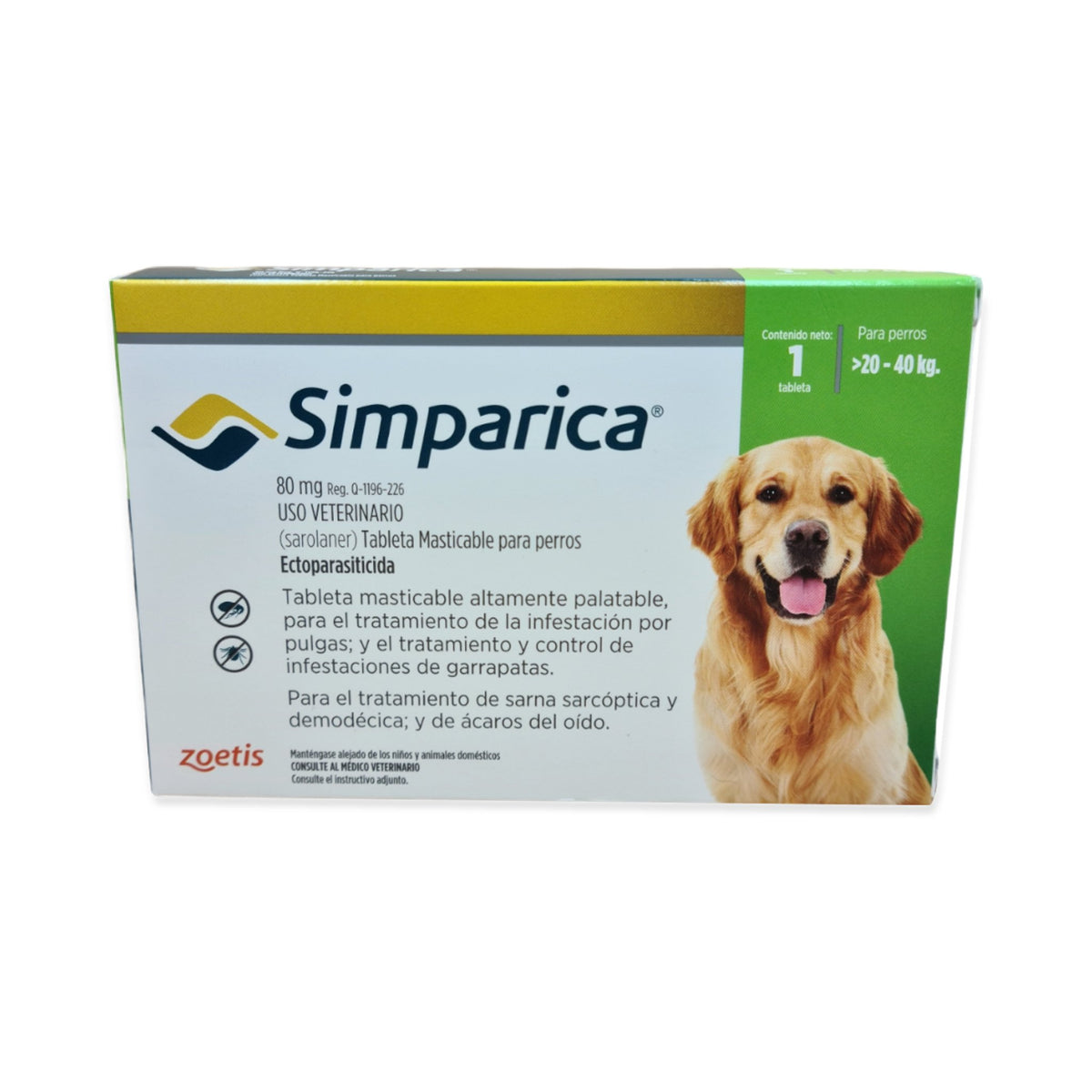 Simparica Perro 20 a 40 kg - 1 tableta — empaque individual de 80 mg completo sobre fondo blanco