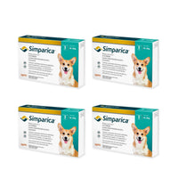 Simparica Perro 10 a 20 kg 40 mg - paquete 12 tabletas — cuatro cajas originales de tres tabletas sobre blanco puro