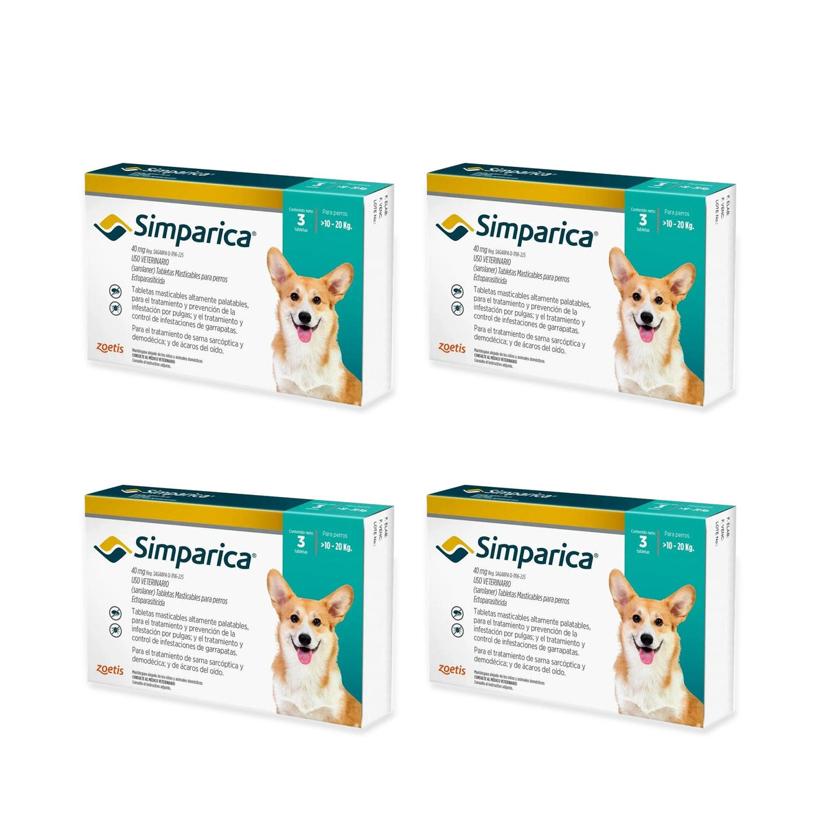 Simparica Perro 10 a 20 kg 40 mg - paquete 12 tabletas — cuatro cajas originales de tres tabletas sobre blanco puro