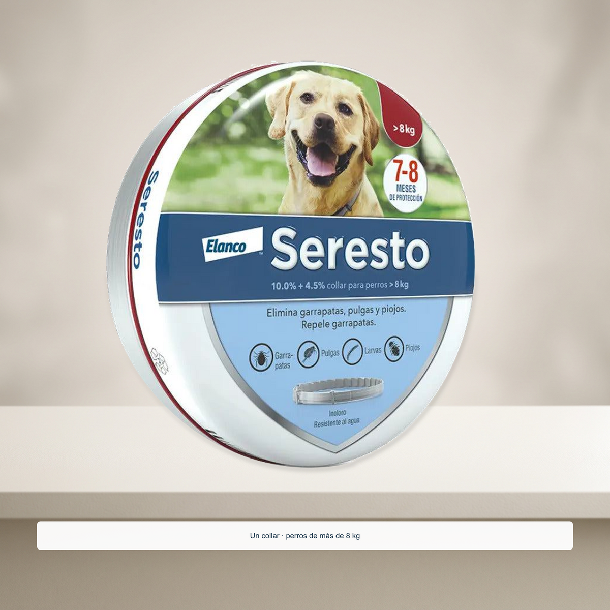 Seresto Elanco Collar Antipulgas para Perros Mayores de 8 kg — una lata auténtica representativa; la compra incluye un collar