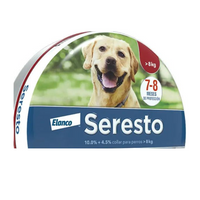 Seresto Elanco Collar Antipulgas para Perros Mayores de 8 kg — detalle original de la talla y del frente de una lata representativa