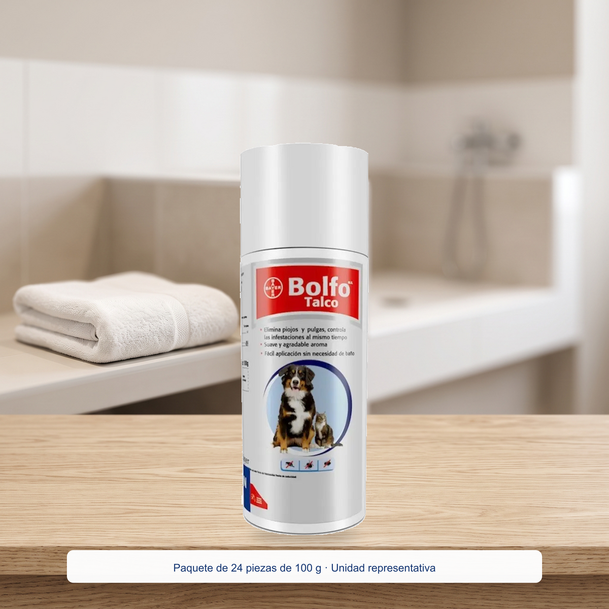 Bolfo Talco Antipulgas Perros y Gatos 100 g - 24 piezas — presentación en ambiente de cuidado e higiene, Paquete de 24 piezas de 100 g · Unidad representativa