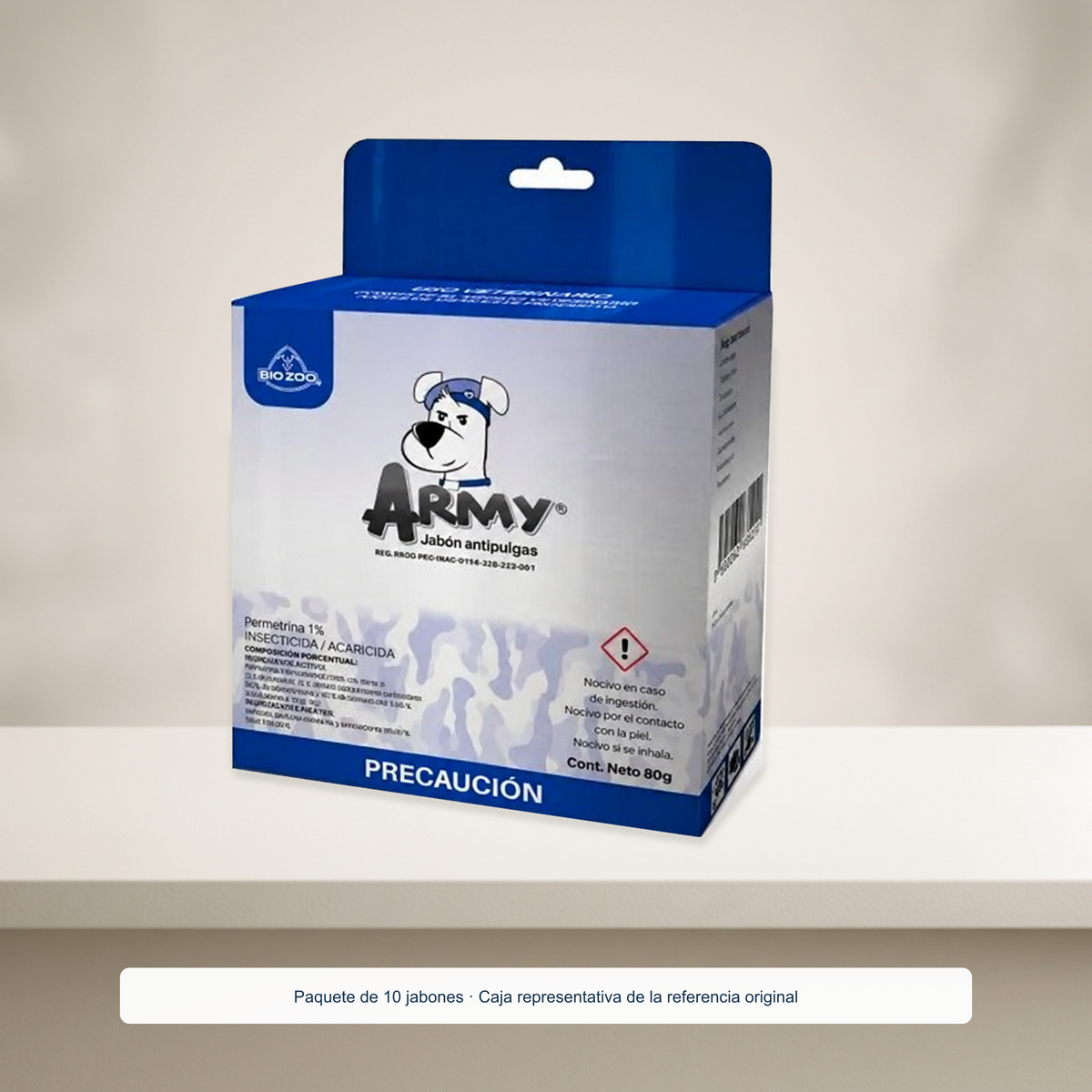 Army Jabon Antipulgas Mascotas - 10 piezas — unidad representativa del paquete de diez; caja original azul impresa 80 g, sin afirmar 100 g