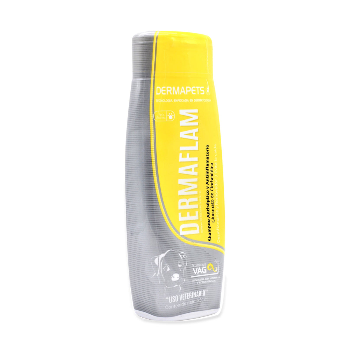Dermaflam Dermapets shampoo 350 ml — frasco completo sobre fondo blanco