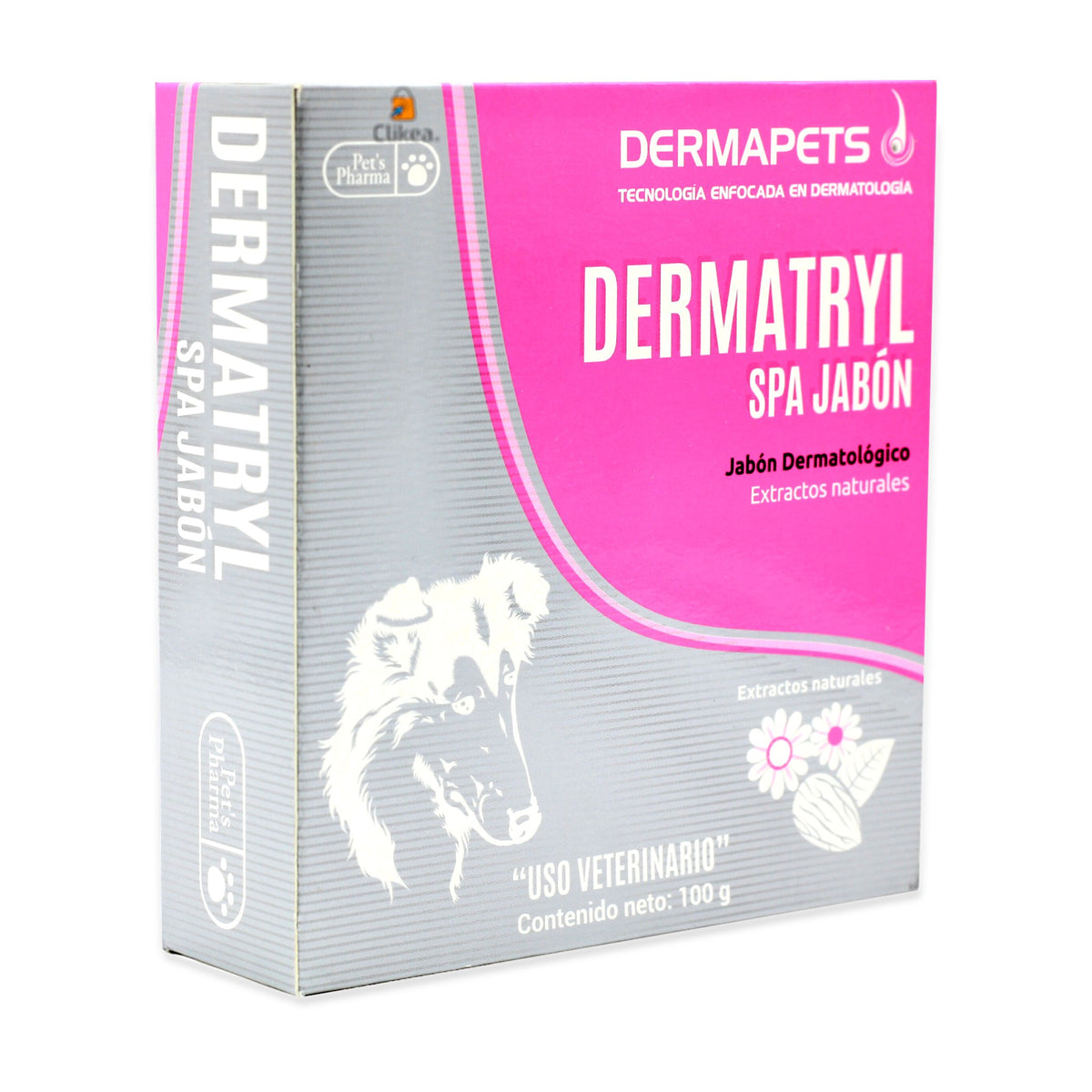 Dermatryl Spa Dermapets Jabon 100 g Extractos Naturales — caja completa sobre fondo blanco