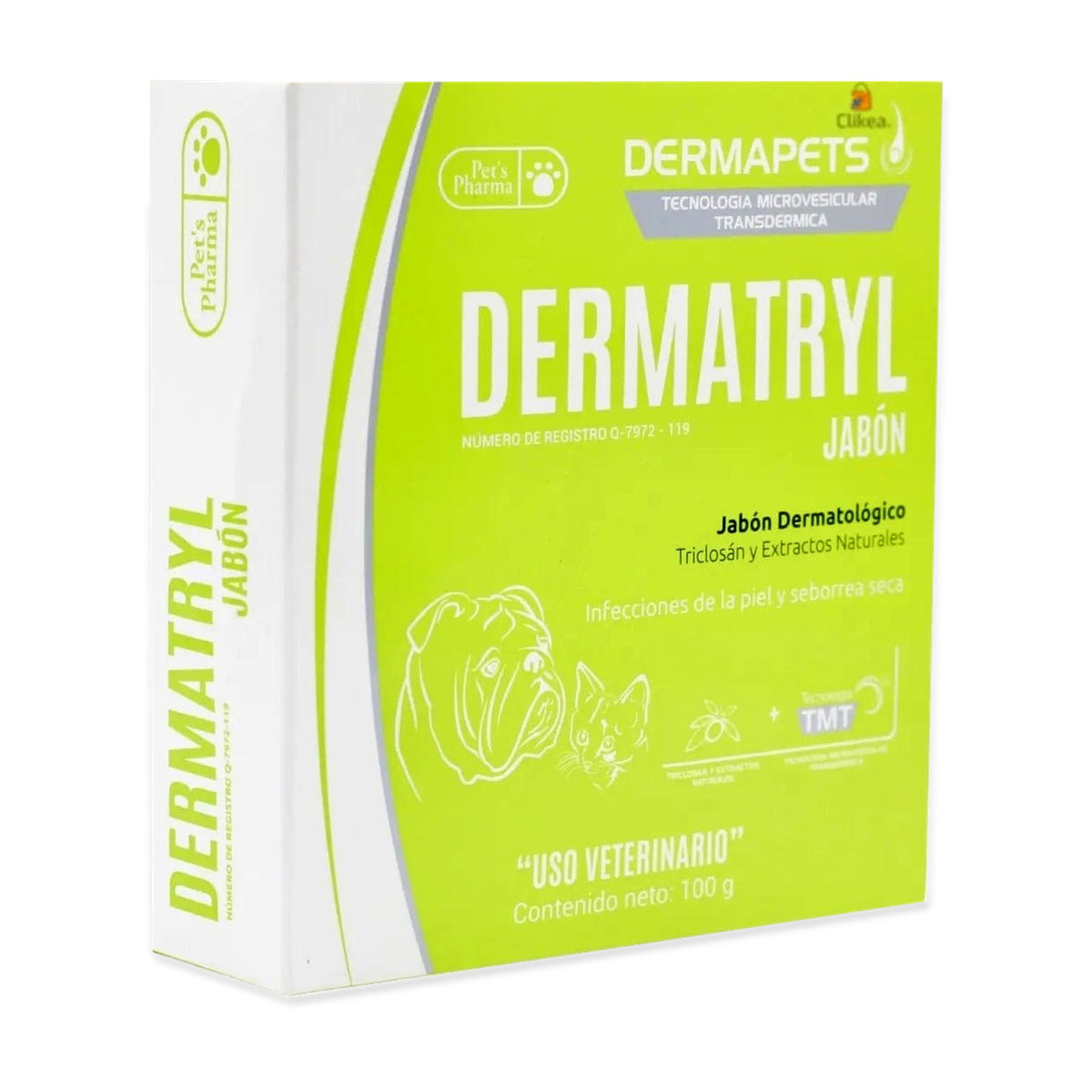 Dermatryl Dermapets Jabon Dermatologico 100 g — caja completa sobre fondo blanco