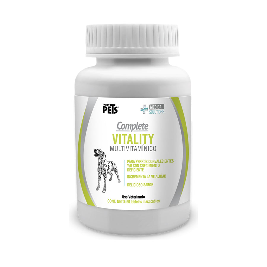 Fancy Pets Complete Vitality Multivitaminico 60 tabs — frasco completo sobre fondo blanco