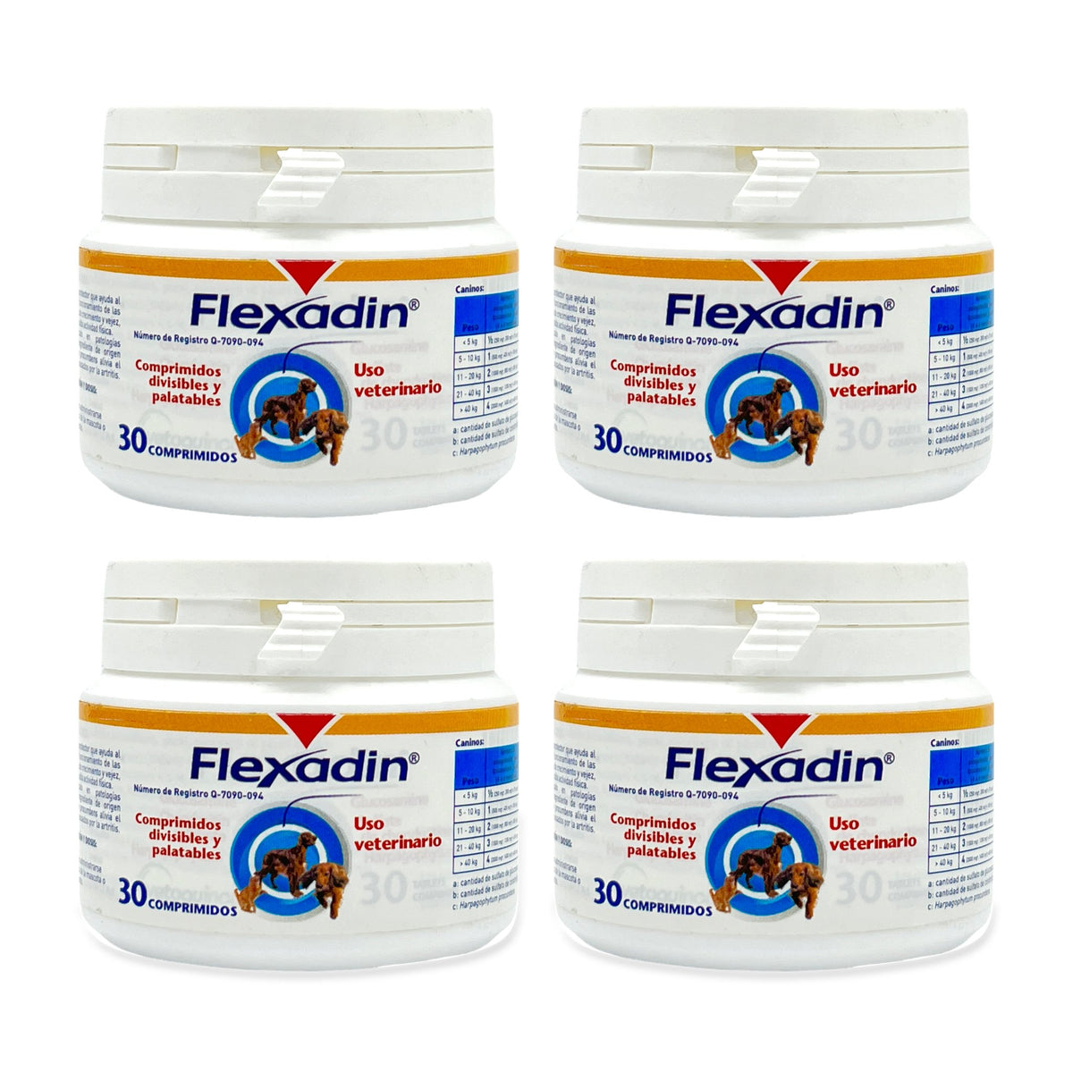 Flexadin Vetoquinol — 4 frascos completos de 30 comprimidos sobre fondo blanco